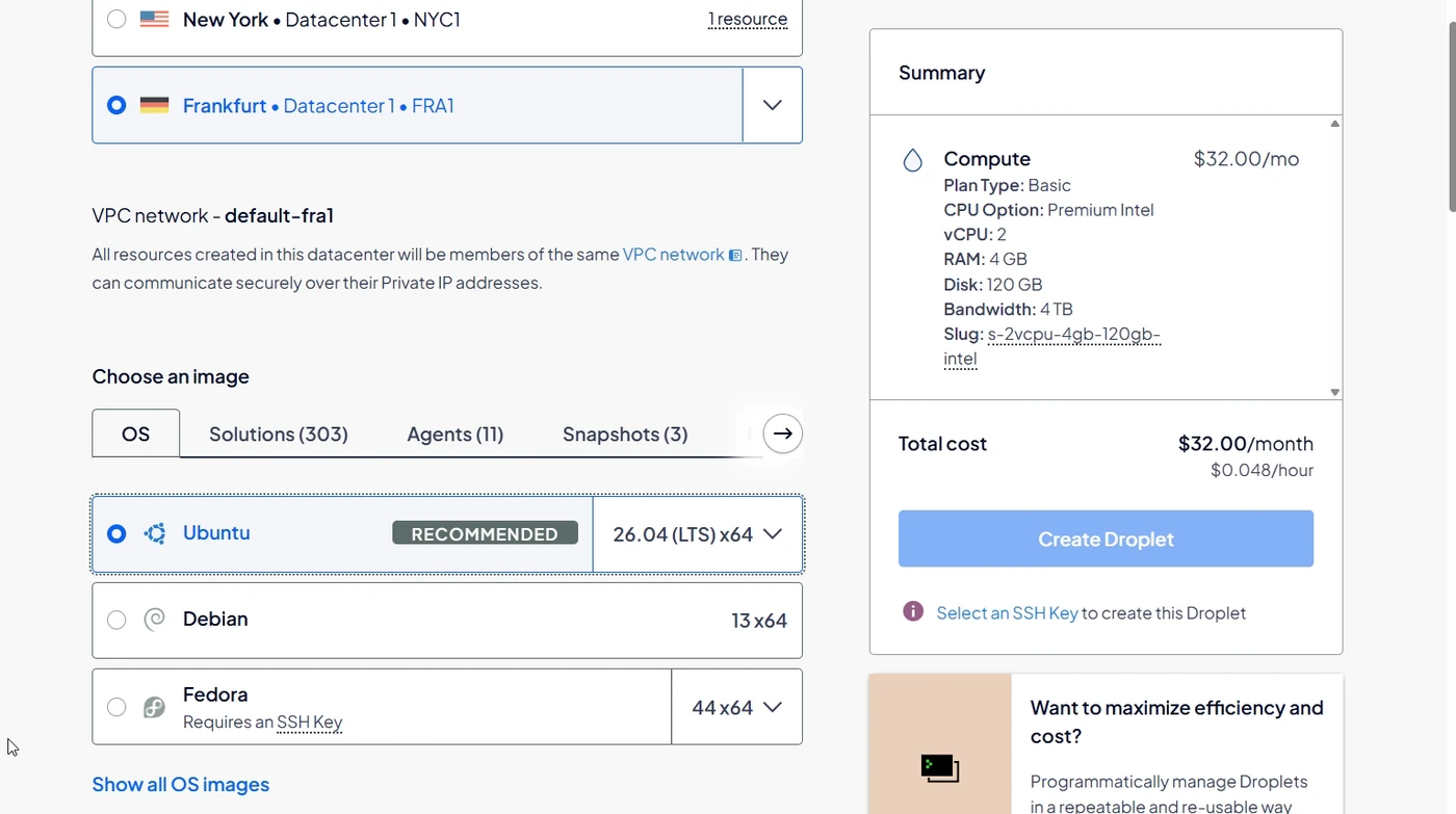Frankfurt datacenter and Ubuntu 26.04 LTS selected