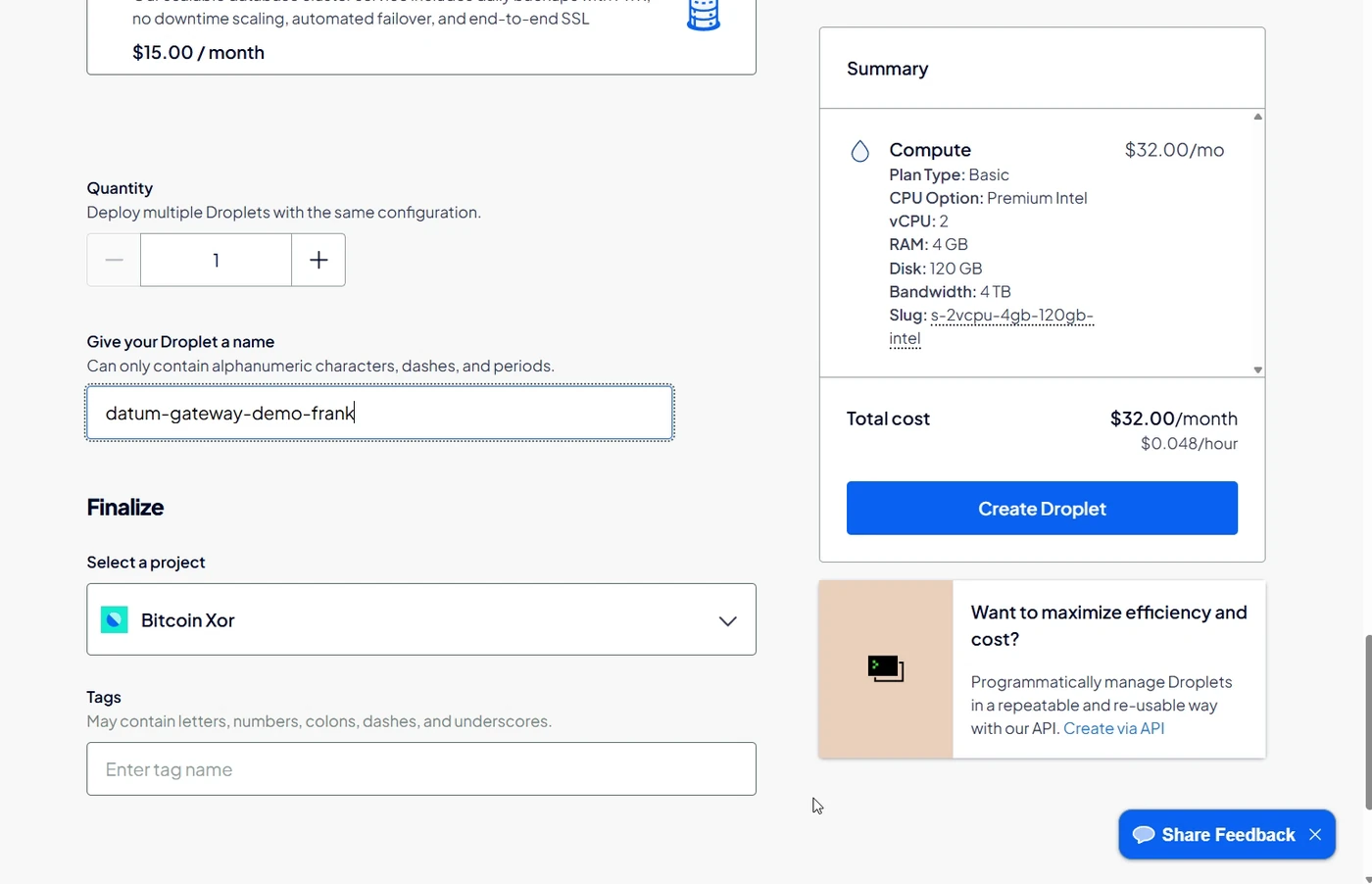 Naming the server and pressing Create