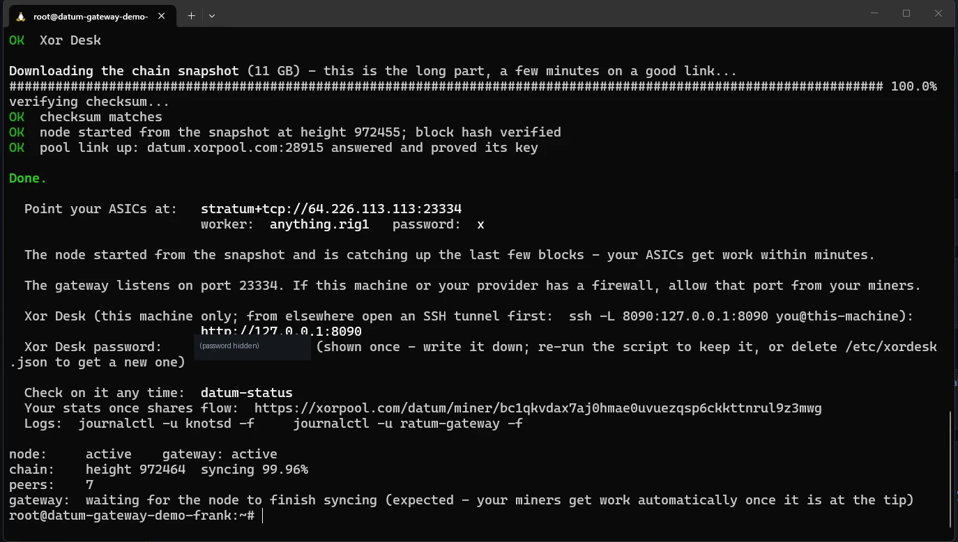 The Done screen with the stratum address