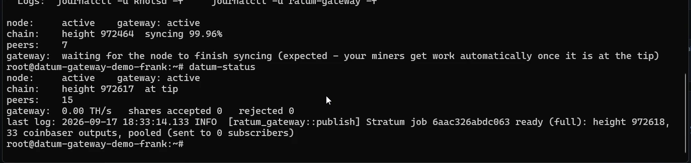 datum-status: syncing, then at tip