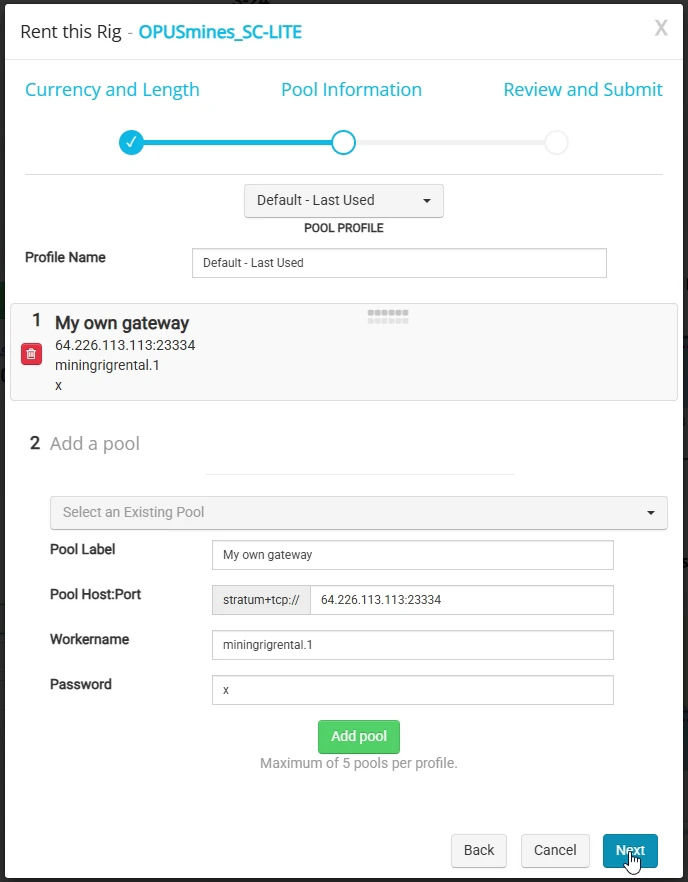 Pool form filled in with the gateway address